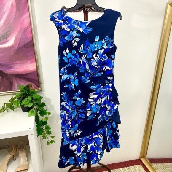 New Eliza J Boat Neck Cascade Ruffle Sheath Dress in Floral Print Size 8 - Picture 4 of 10